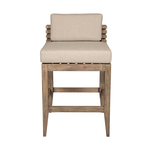 Benzara Hida 30 Inch Outdoor Patio Barstool Chair with Olefin Cushions Brown and Taupe