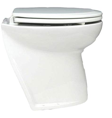 Jabsco Deluxe Flush Marine Head 17 Inch Electric Toilet Angled Back Raw Water Rinse 24 Volt White