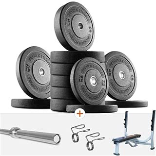 French Fitness Olympic Bumper Plate Set with 7 ft Olympic Bar 415 lbs + Bench