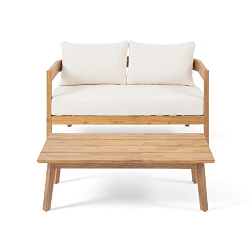 Christopher Knight Home Alina Outdoor Acacia Wood Loveseat Set with Coffee Table Teak Finish, Beige