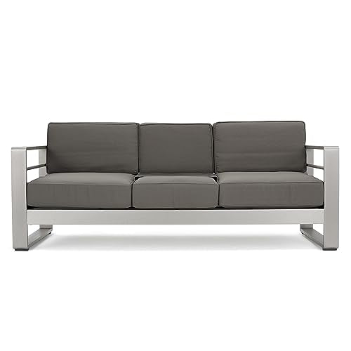Christopher Knight Home Cape Coral Outdoor 6-Seater Aluminum Conversation Set Silver + Khaki