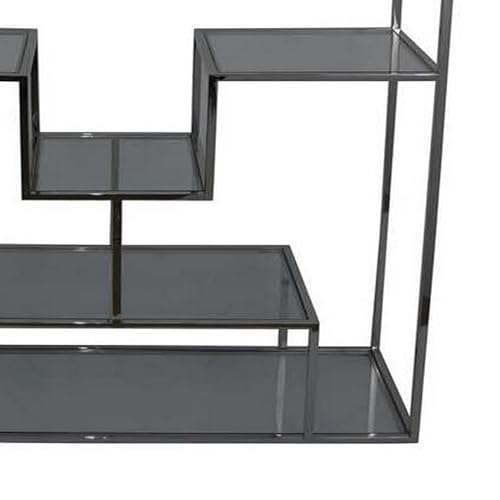 Benzara Adena 76 Inch Tall Plant Stand Geometric Style Metal Shelves Silver