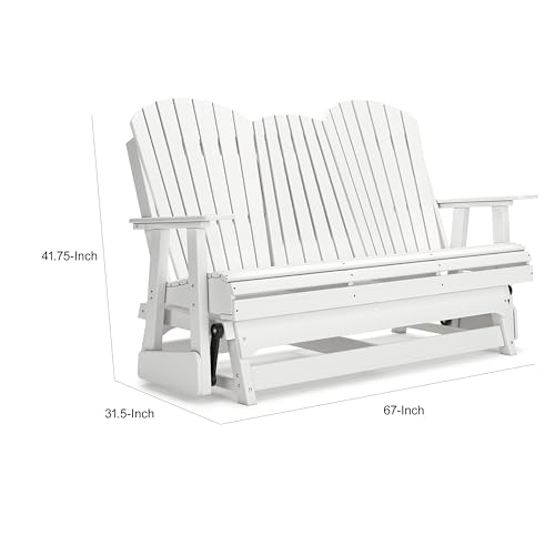 Benzara Sami 67 Inch Outdoor Adirondack Glider Loveseat with Dropdown Cupholders White