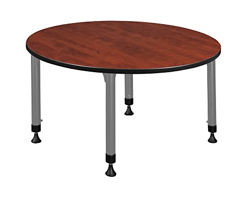 Romig Adjustable Classroom Table 48" Cherry with 4 Stack Chairs Navy Blue