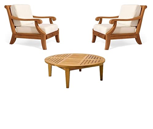 WholesaleTeak Giva 3 Pc Lounge Chair Set with Cushions - 2 Chairs & 46" Round Coffee Table, Canvas White