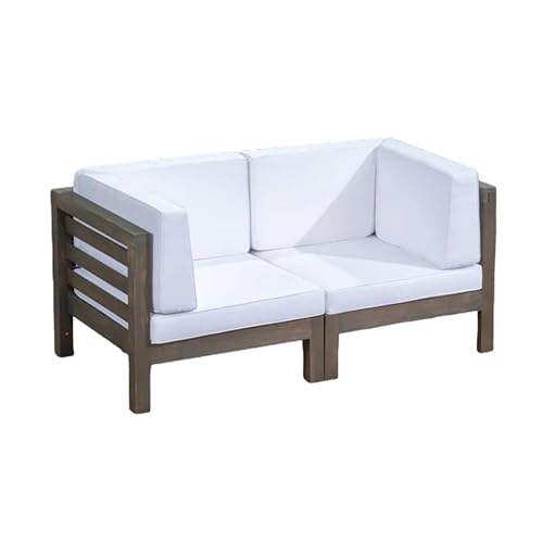 Benzara Ony Outdoor Loveseat with Detachable Acacia Wood Chairs and White Cushions White and Brown