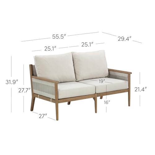 Nathan James Kayden Bohemian Wood Loveseat Sofa Light Brown Wood/Rope/Light Gray