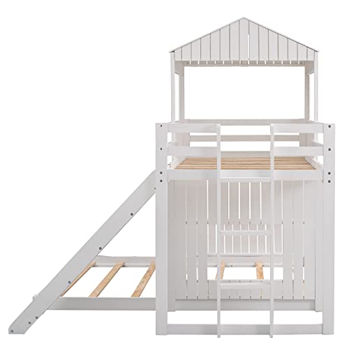 Harper & Bright Designs Twin Over Full House Bunk Bed with Slide and Roof White