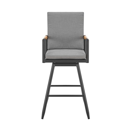 Armen Living Crown Outdoor Patio Swivel Bar Stool Black Aluminum with Wood Accent Dark Gray