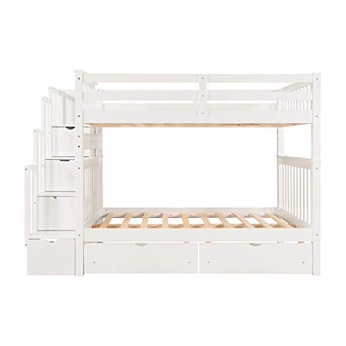 Harper & Bright Designs Full Over Full Bunk Bed with Storage Drawers and Stairway Shelves White
