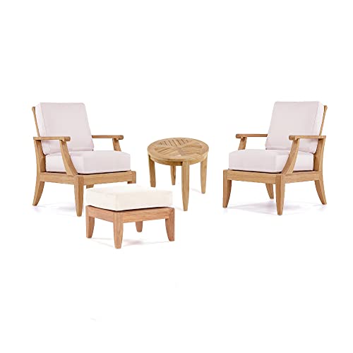 WholesaleTeak Lagos 4 Pc Lounge Chair Set with Cushions - 2 Chairs, Ottoman & 22" Round Side Table in Canvas White