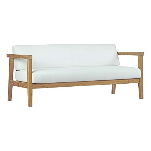 Modway Bayport Outdoor Patio Teak Set: Two Armchairs, Loveseat & Coffee Table Natural White
