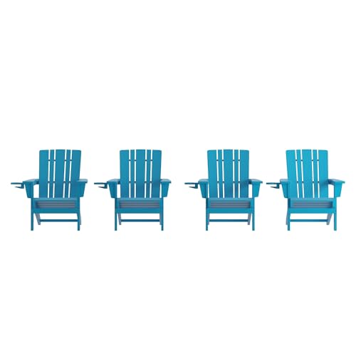 Flash Furniture Halifax Adirondack Chairs Set of 4 with Cup Holders, Weather Resistant Poly Resin Blue