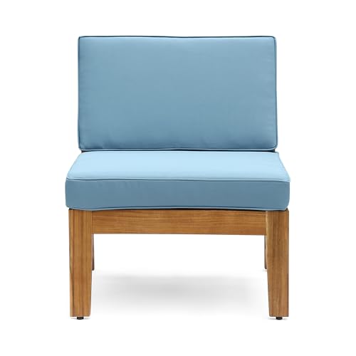 Christopher Knight Home Grena Outdoor Acacia Wood 4-Seater Sectional Set with Ottoman and Coffee Table Teak + Blue
