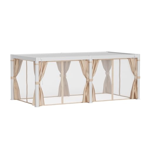 COSIEST 10'x20' Outdoor Louvered Pergola with Adjustable Roof, Netting & Curtains, Hardtop Gazebo Sun Shade White
