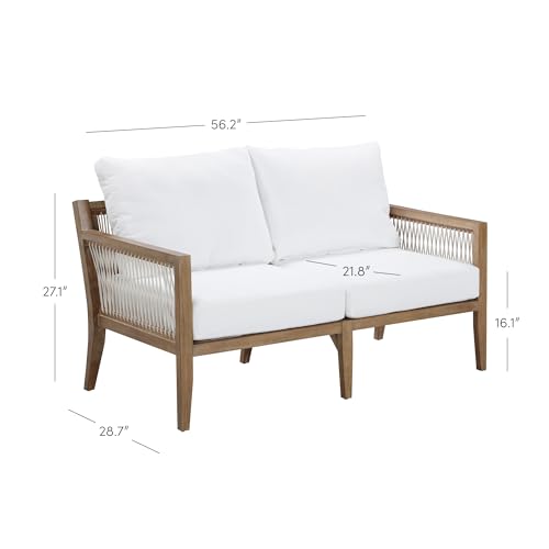 Nathan James Freya Bohemian Wood Loveseat Upholstered Sofa White Cushion/Light Brown Wood