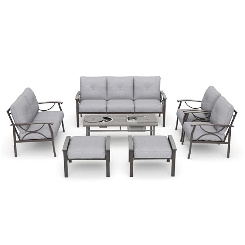 RoyalCraft 7-Piece Outdoor Patio Furniture Set with Fire Table and Ottomans Grey