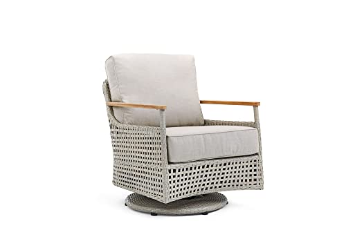 Winston August Swivel Glider Lounge Chair Natural Teak Wood Driftwood Grid Weave Sunbrella Cast Ash Fabric