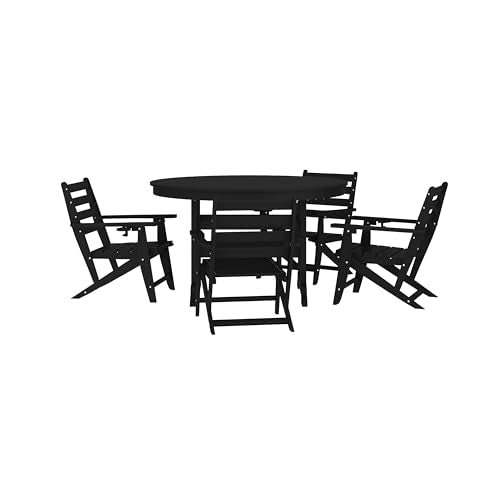 BizChair Commercial 5 Piece Adirondack Dining Set with 48" Round Table and 4 Cupholder Chairs Black