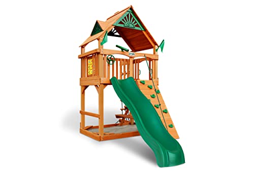 Gorilla Playsets Chateau Tower Wooden Playset with Slide & Climbing Wall Brown