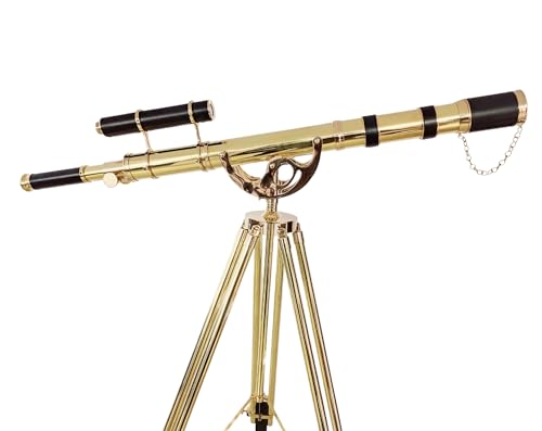 NAVIROCK Royal Vintage Double Barrel Brass Telescope with Black Leather & Adjustable Wooden Tripod Shiny Brass