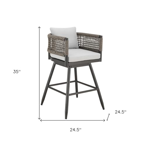HomeRoots 35" Light Gray Metal Swivel Low Back Outdoor Counter Height Bar Chair with Footrest Grey