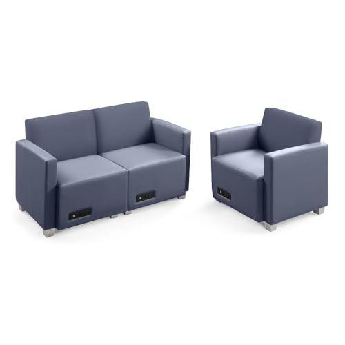 NBF Signature Series Compass Loveseat and Armchairs Set - Ergonomic Office Guest Chairs with Williamsburg Polyurethane - Reception Chairs with Silver Legs - Gray