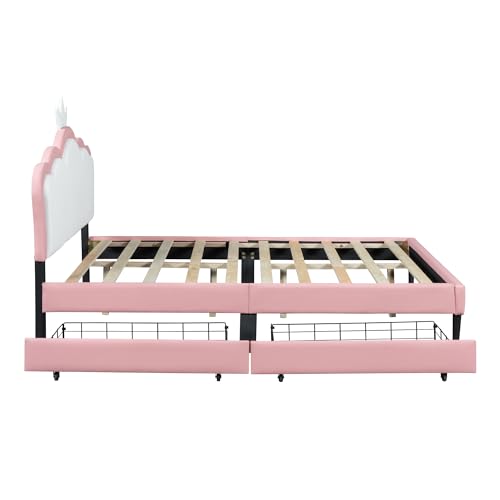 Brisca PU Upholstered Princess Bed with Crown Headboard and Storage, White+Pink