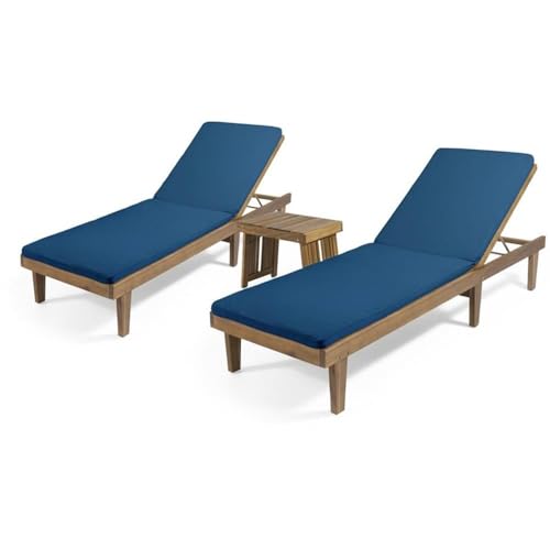 Noble House Nadine Outdoor Wood 3-Pc Chaise Lounge Set Blue