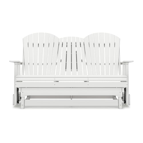 Benzara Sami 67 Inch Outdoor Adirondack Glider Loveseat with Dropdown Cupholders White