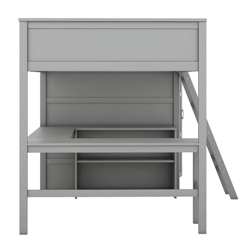 Jintop Full Over Full Bunk Bed with Storage Drawers and Cabinet Grey