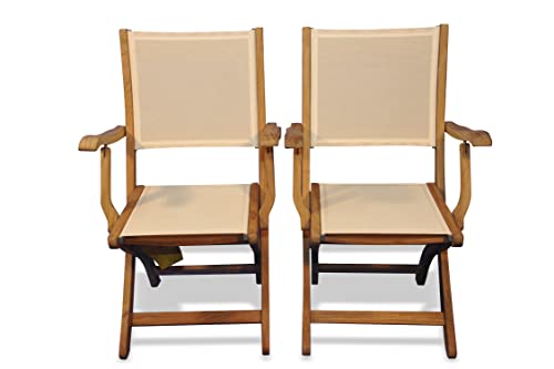 Regal Teak Teak Providence Chair Pair with Cream Sling Fabric Golden Honey Brown