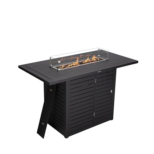 LeisureMod Chelsea Collection Aluminum Outdoor Dining Set with Fire Pit Table and 6 Bar Chairs Beige