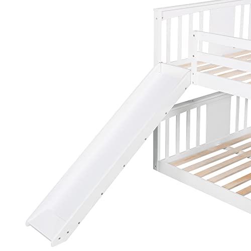 P PURLOVE Full Over Full Bunk Bed with Ladder and Slide White