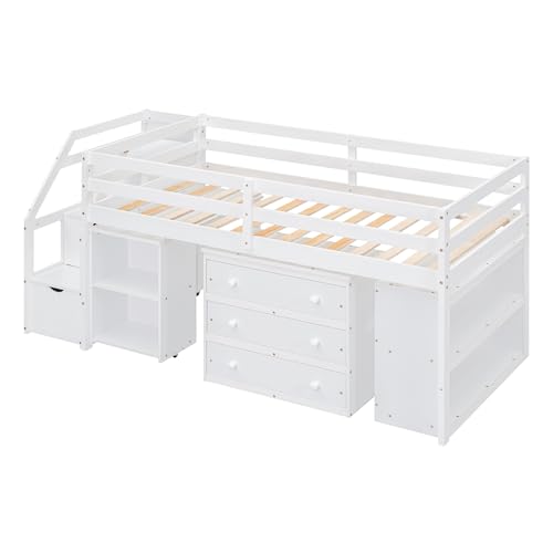 RORIGAT Twin Size Loft Bed with Desk, Storage Stairs & Shelves, White