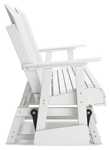 Signature Design by Ashley Hyland Wave Outdoor Glider Loveseat with Drop Down Table and Cup Holders White