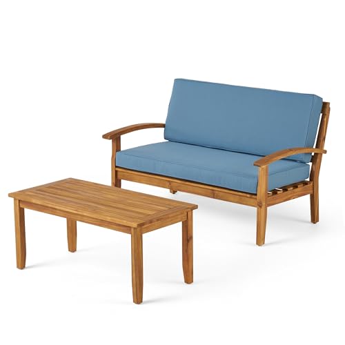 Benzara Outdoor Loveseat and Coffee Table Set Teak Brown and Blue