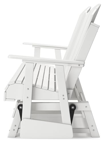 Signature Design by Ashley Hyland Wave Outdoor Glider Loveseat with Drop Down Table and Cup Holders White