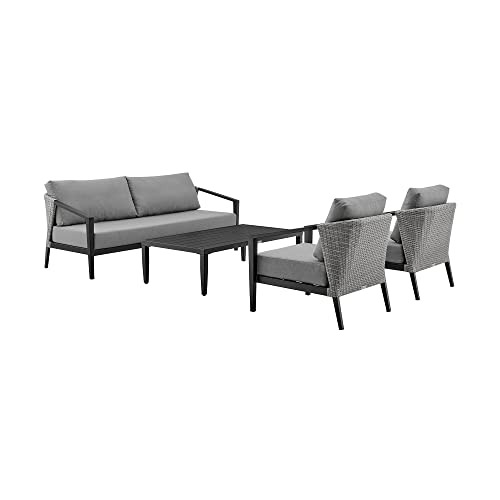 Armen Living Aileen Modern Outdoor Patio Wicker and Aluminum Conversation Set 4 Piece Black