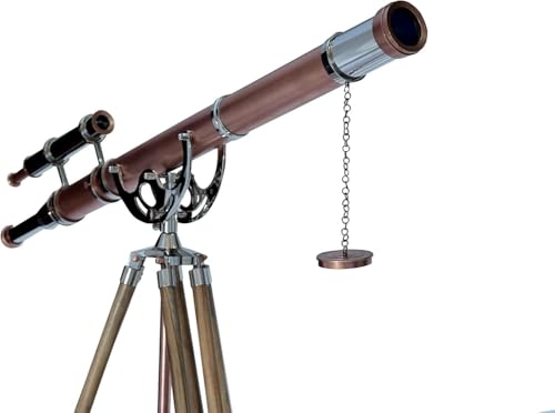 Antiqueex Vintage Maritime Telescope Chrome/Copper on Adjustable Wooden Tripod