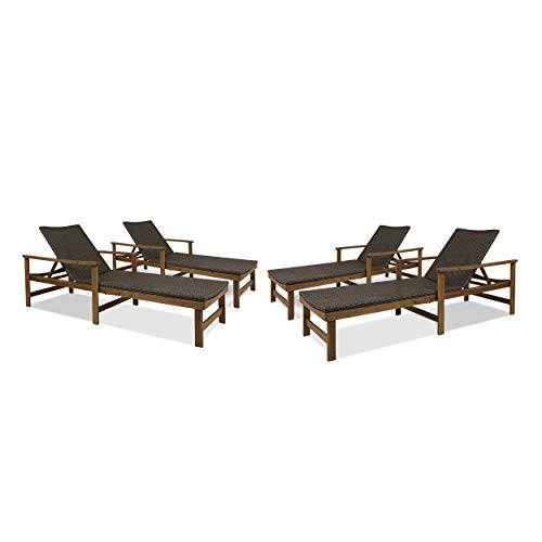 Great Deal Furniture Outdoor Rustic Acacia Wood Chaise Lounge Set of 4 Natural Stained + Mix Mocha