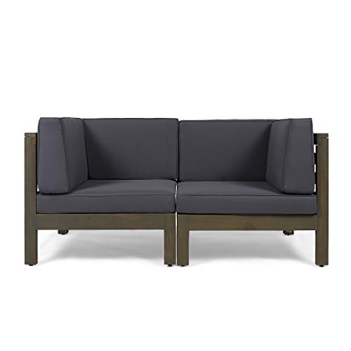 Great Deal Furniture Outdoor Sectional Loveseat Set 2-Seater Acacia Wood Water-Resistant Cushions Gray Finish + Dark Gray