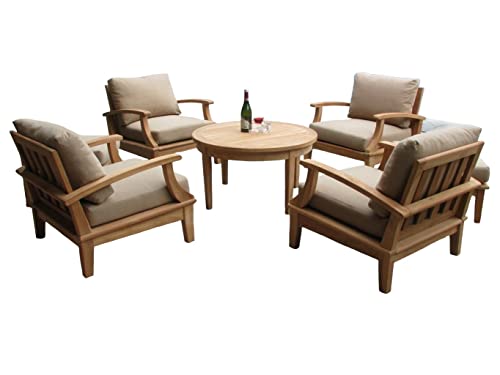 WholesaleTeak Somer 5 Pc Lounge Chair Set with Cushions - 4 Chairs & 36" Round Coffee Table, Canvas Antique Beige