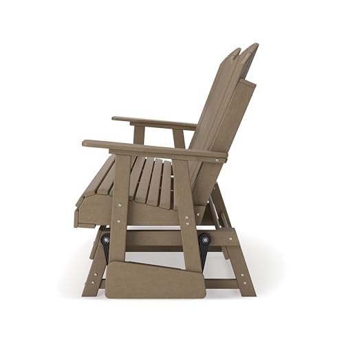 Benzara 67 Inch Outdoor Adirondack Glider Loveseat with Dropdown Cupholders Brown