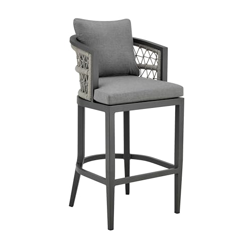 Benzara Hosa 30 Inch Outdoor Patio Barstool Chair Gray Aluminum Woven Rope Grey
