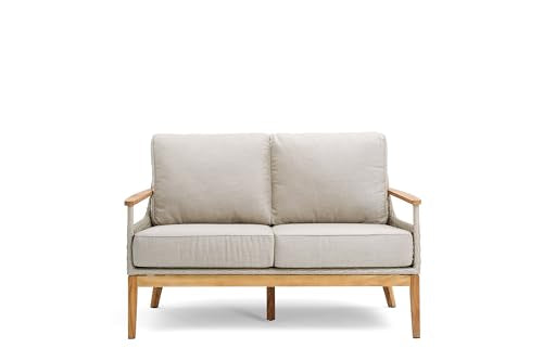 Winston August Loveseat Natural Teak Wood Driftwood Grid Weave Sunbrella Cast Ash