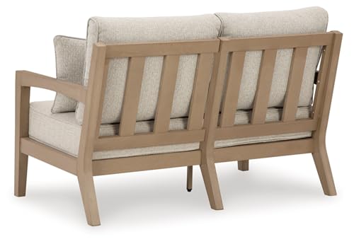 Signature Design by Ashley Hallow Creek Cottage Weather Resistant Outdoor Loveseat with Cushion and 2 Throw Pillows Light Brown & Beige