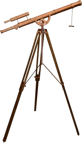 Antiqueex Vintage Double Barrel Telescope Copper Finish with Adjustable Wooden Tripod