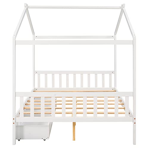 Merax Full Size Platform Bed Frame with Drawers White