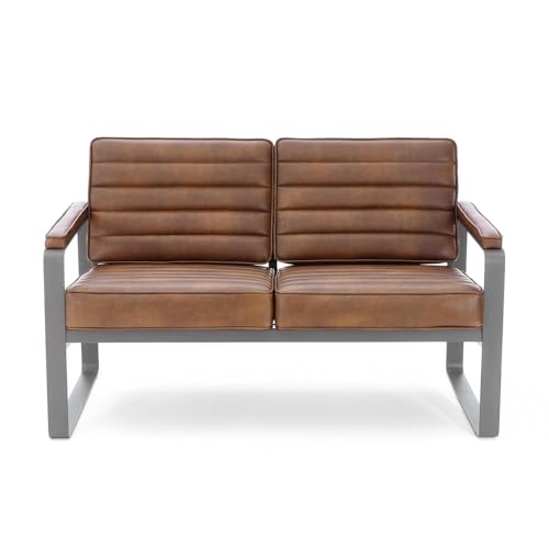 NBF Signature Series Rivet Office 2-Seat Lounge Loveseat Chair with Armrest Bravo Cognac Polyurethane Charcoal